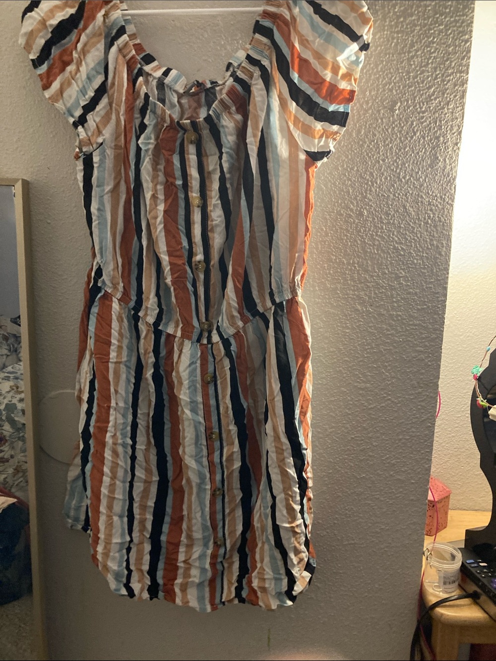 Striped Button-Front Summer Dress in Rust, Navy & Cream